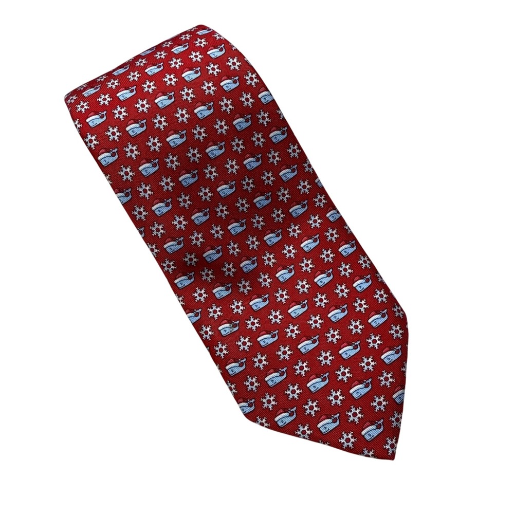 Vineyard Vines Red Santa Whale Snowflake 100%‎ Silk Handmade Mens Necktie